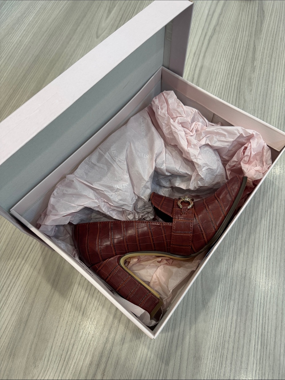 JustFab Croc-Effect Mary Jane Heels in Burgundy